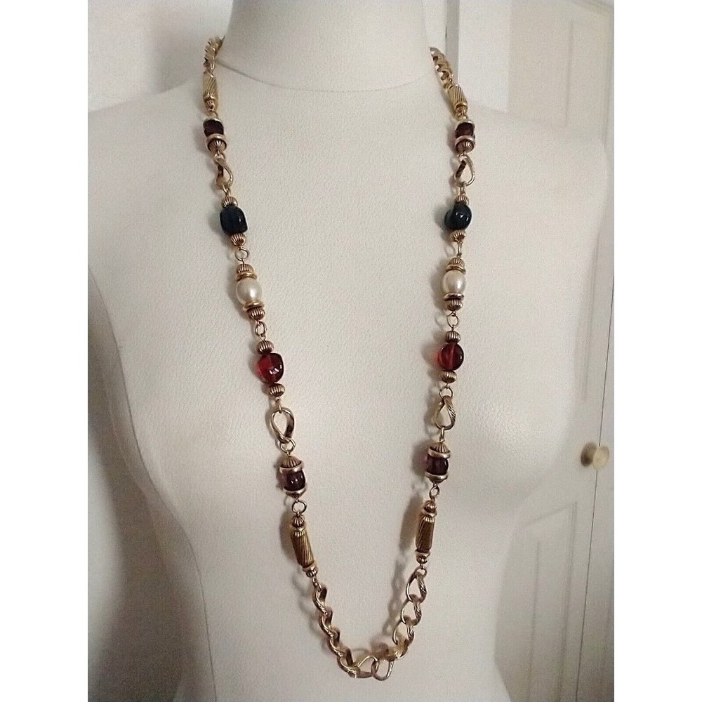 Vintage Long Necklace, Gold tone, Multicolor beads, gold tone long beads B5